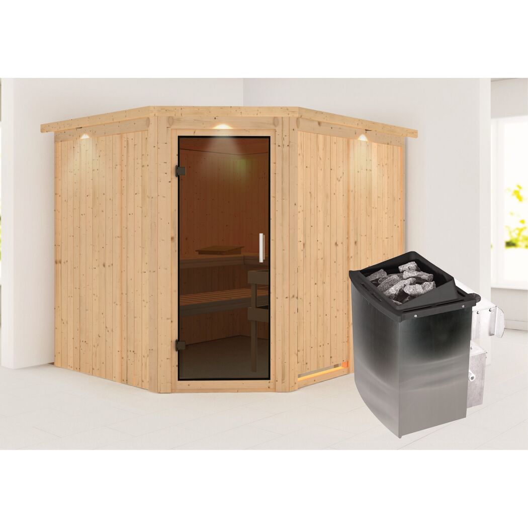 Elementsauna 'Alma' naturbelassen mit Kranz und graphitfarbener Tür 9 kW Ofen integrierte Steuerung 245 x 210 x 202 cm