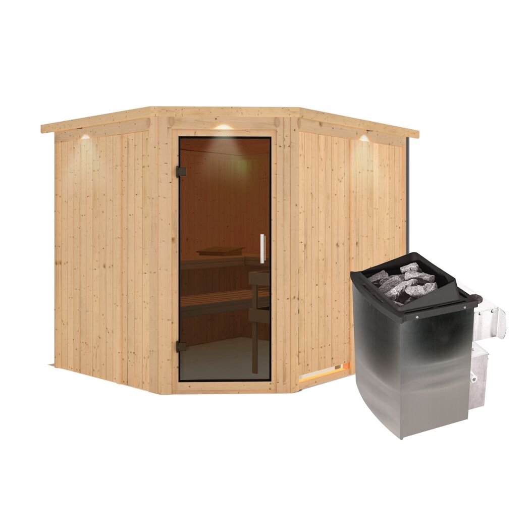 Elementsauna 'Alma' naturbelassen mit Kranz und graphitfarbener Tür 9 kW Ofen integrierte Steuerung 245 x 210 x 202 cm