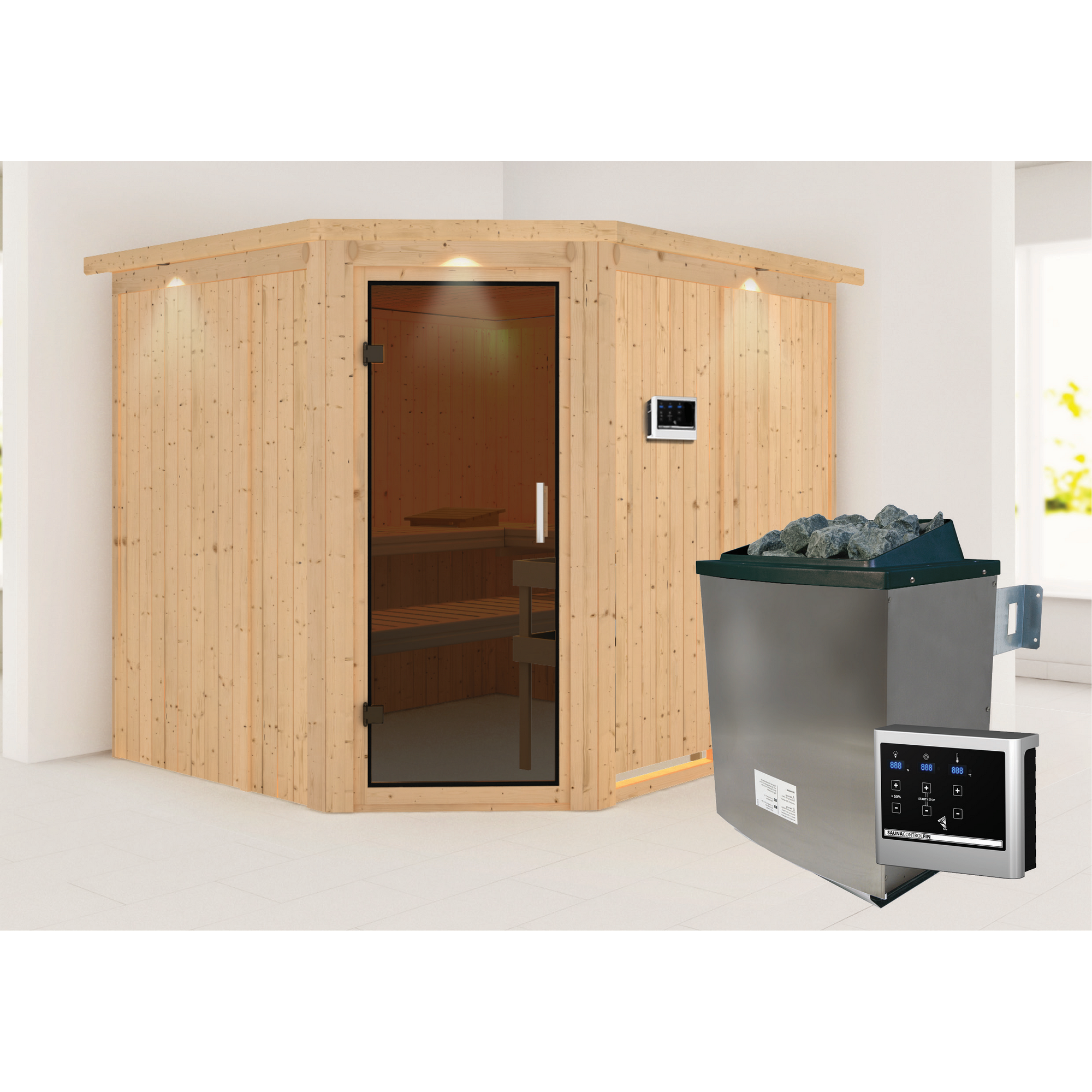 Elementsauna 'Alma' naturbelassen mit Kranz und graphitfarbener Tür 9 kW Ofen externe Steuerung Easy 245 x 210 x 202 cm
