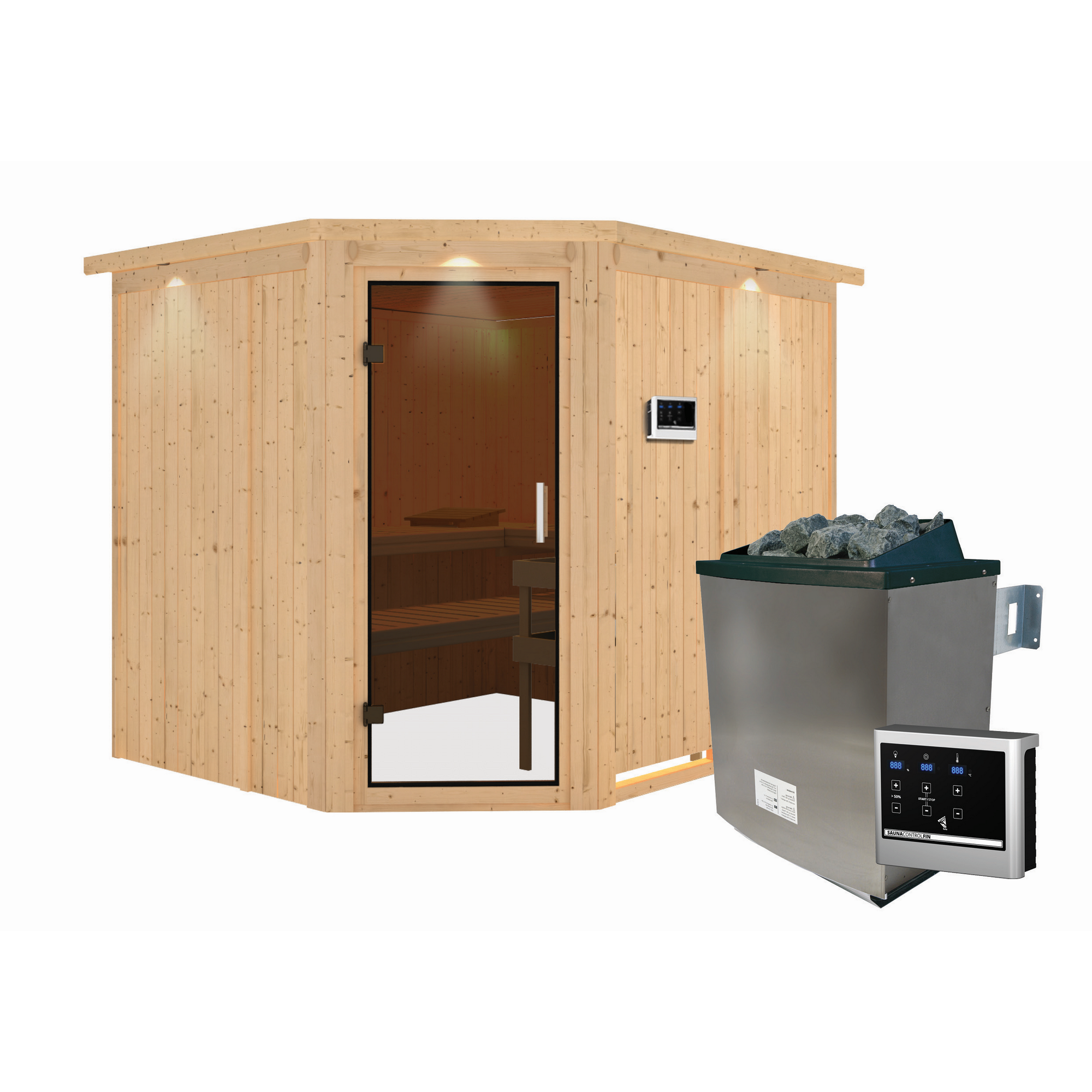 Elementsauna 'Alma' naturbelassen mit Kranz und graphitfarbener Tür 9 kW Ofen externe Steuerung Easy 245 x 210 x 202 cm