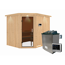 Elementsauna 'Alma' naturbelassen mit Kranz und graphitfarbener Tür 9 kW Ofen externe Steuerung Easy 245 x 210 x 202 cm