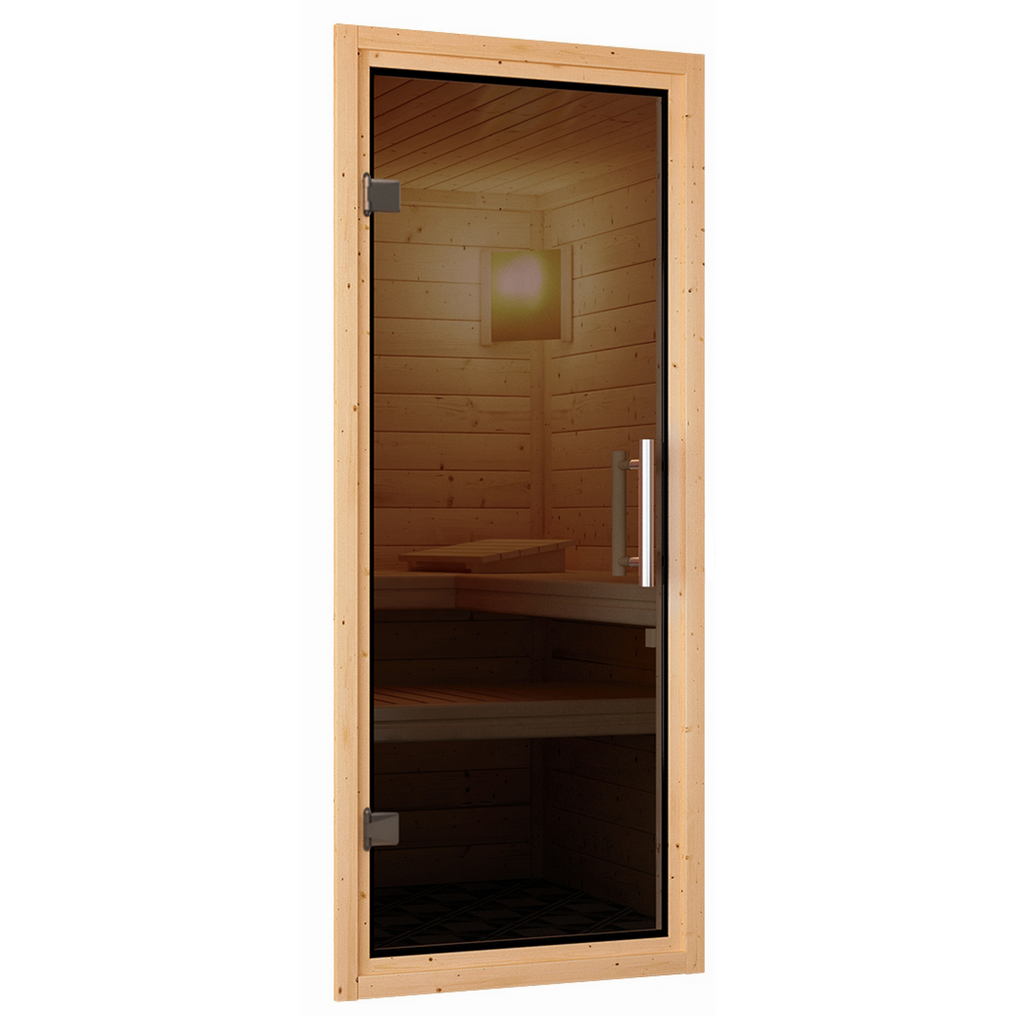 Elementsauna 'Alma' naturbelassen mit Kranz und graphitfarbener Tür 9 kW Ofen externe Steuerung Easy 245 x 210 x 202 cm