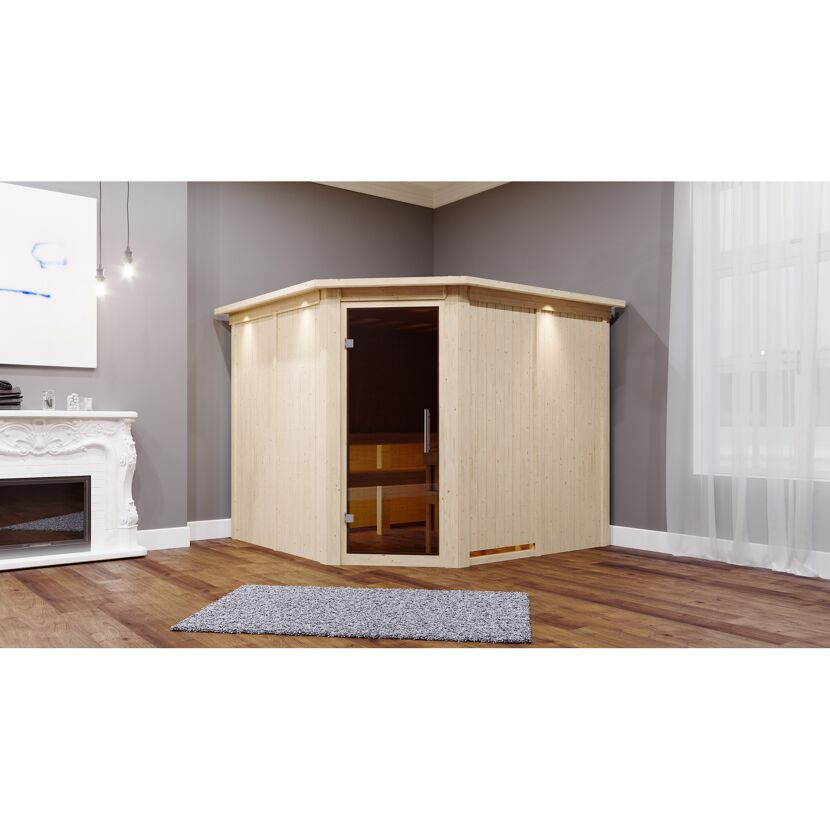 Elementsauna 'Alma' naturbelassen mit Kranz und graphitfarbener Tür 9 kW Bio-Ofen externe Steuerung Easy 245 x 210 x 202 cm