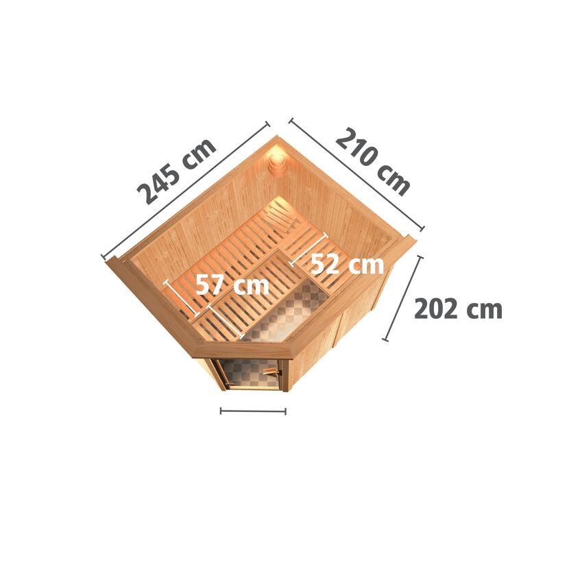 Elementsauna 'Alma' naturbelassen mit Kranz und graphitfarbener Tür 9 kW Bio-Ofen externe Steuerung Easy 245 x 210 x 202 cm