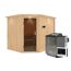 Elementsauna 'Alma' naturbelassen mit Kranz und graphitfarbener Tür 9 kW Bio-Ofen externe Steuerung Easy 245 x 210 x 202 cm