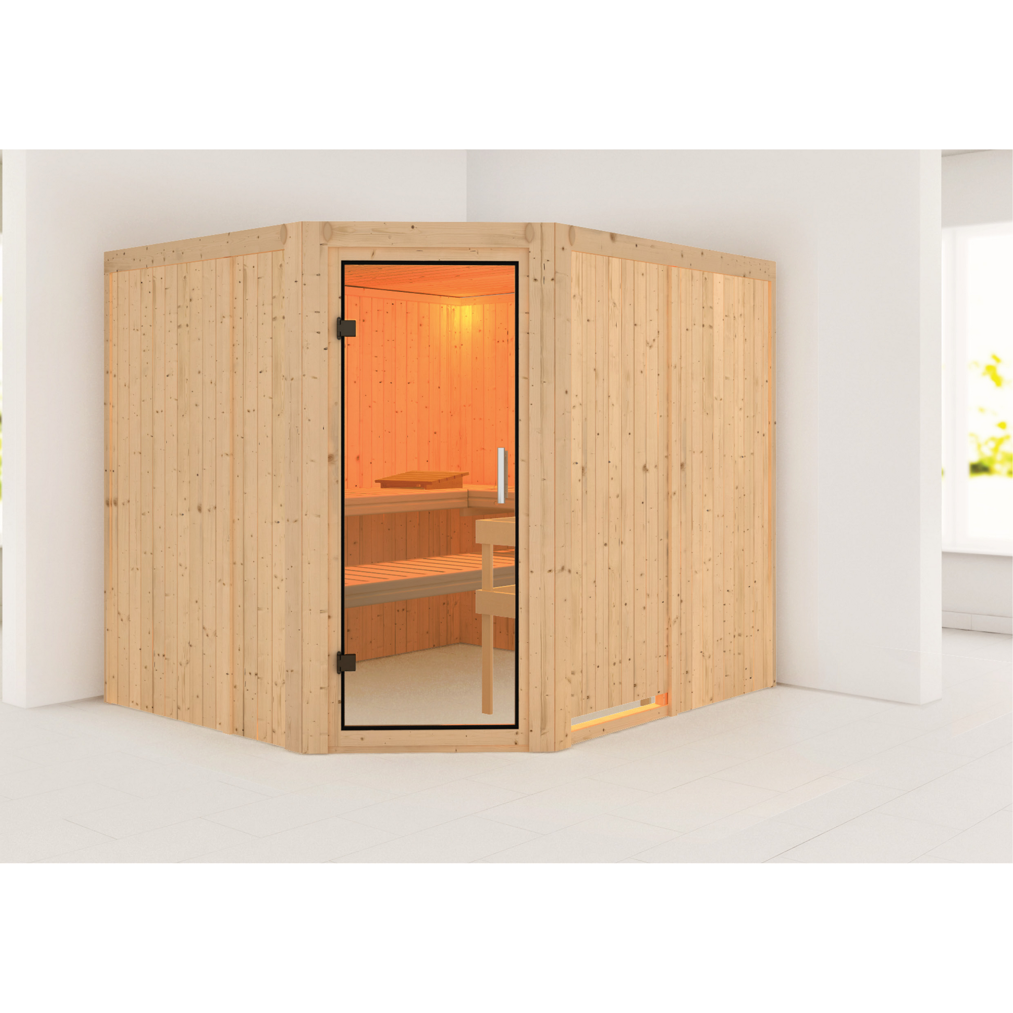 Elementsauna 'Alma' naturbelassen mit Klarglastür 231 x 196 x 198 cm