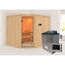 Ecksauna aus hellem Holz mit Saunaofen