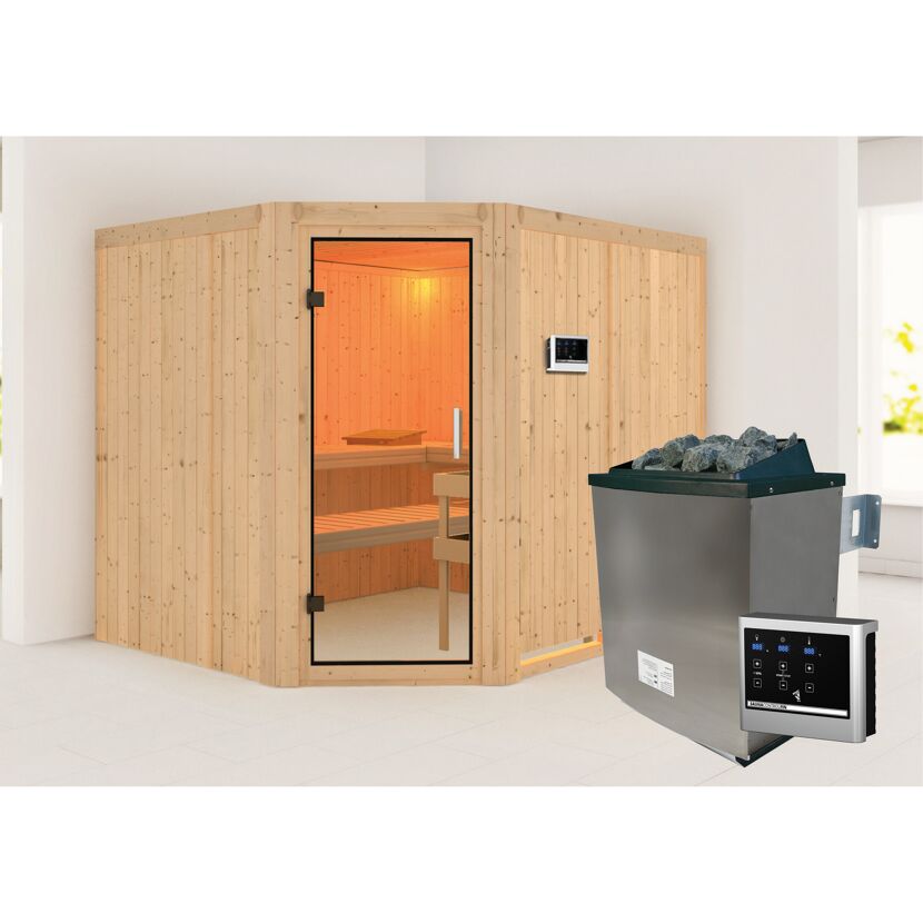 Ecksauna aus hellem Holz mit Saunaofen