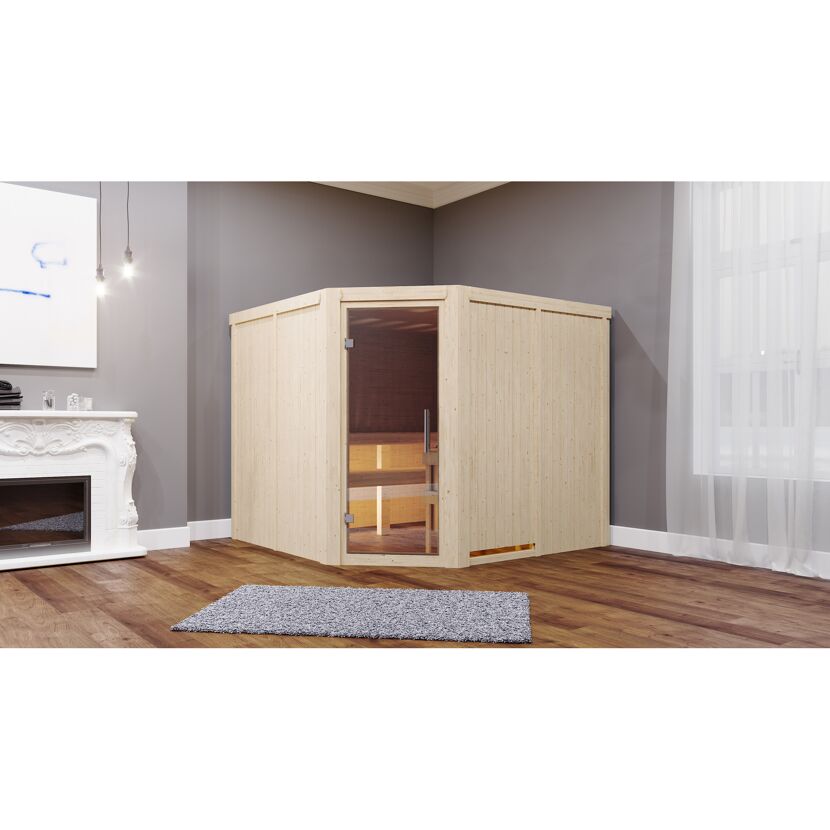 Eck-Sauna aus hellem Holz in einem Wohnzimmer.