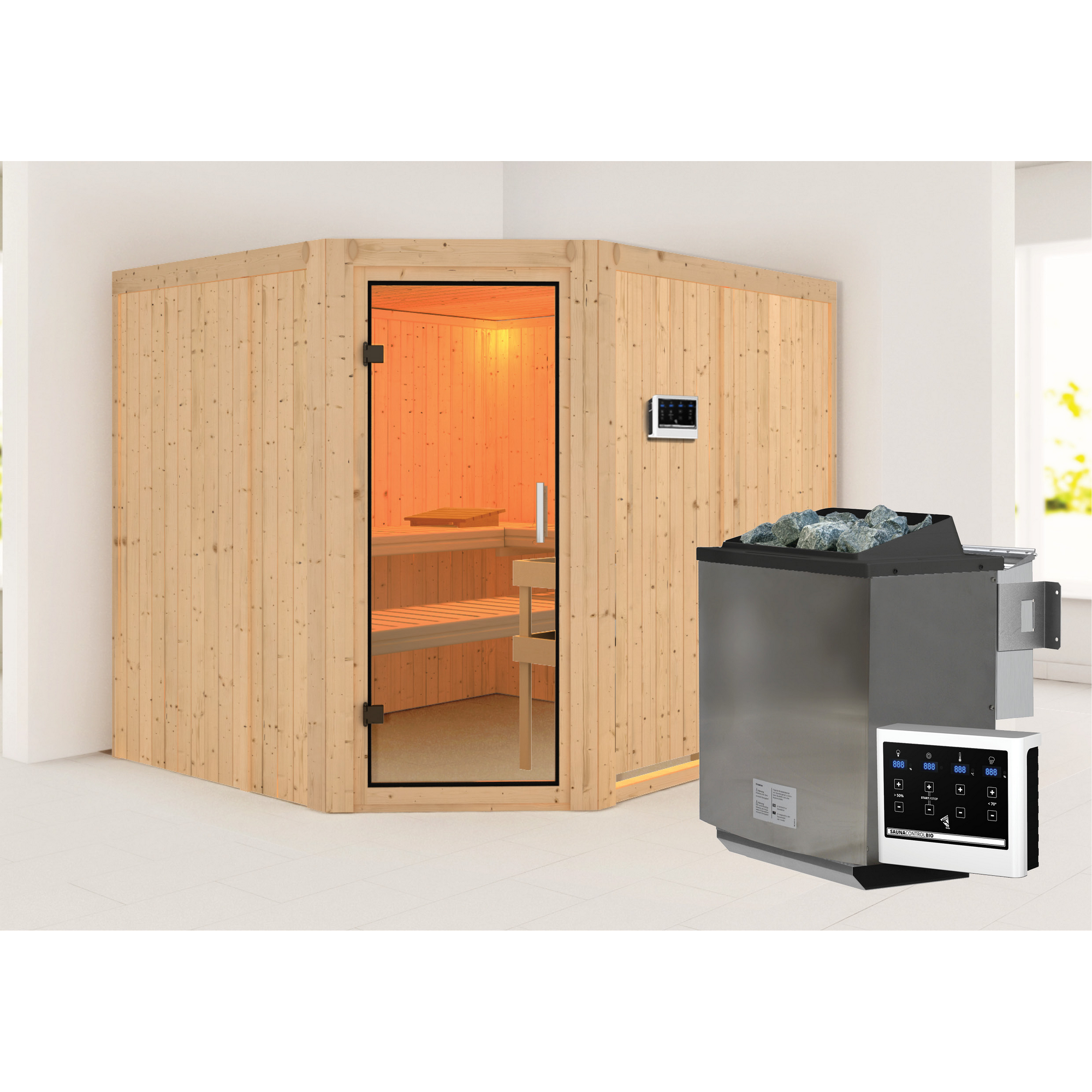 Eck-Sauna aus hellem Holz mit Saunaofen