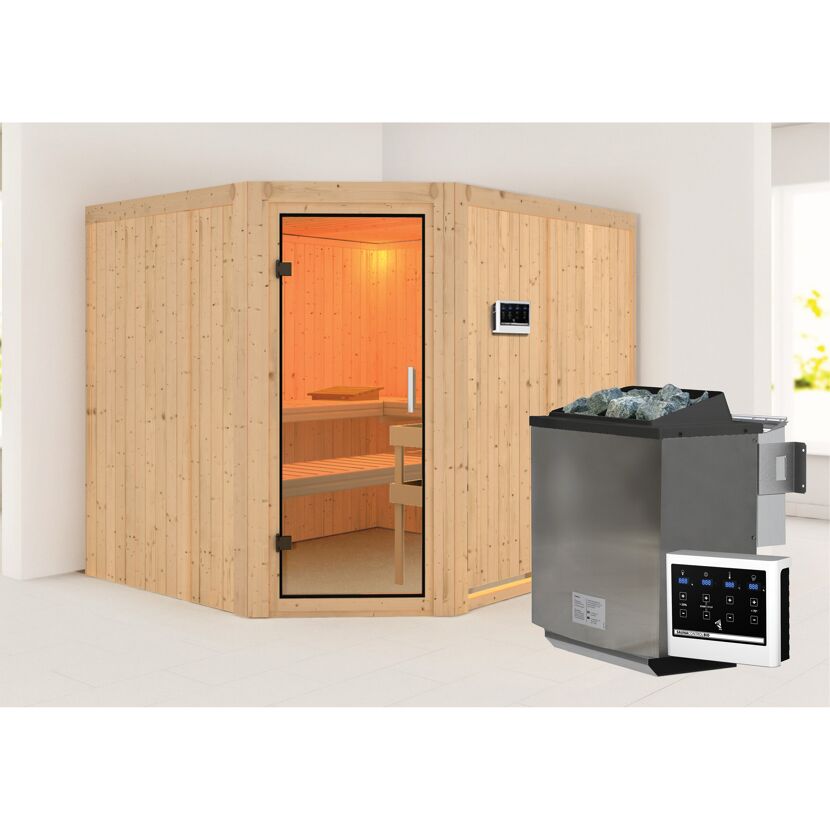 Eck-Sauna aus hellem Holz mit Saunaofen