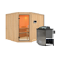 Ecksauna aus Holz mit Saunaofen und Steuerung