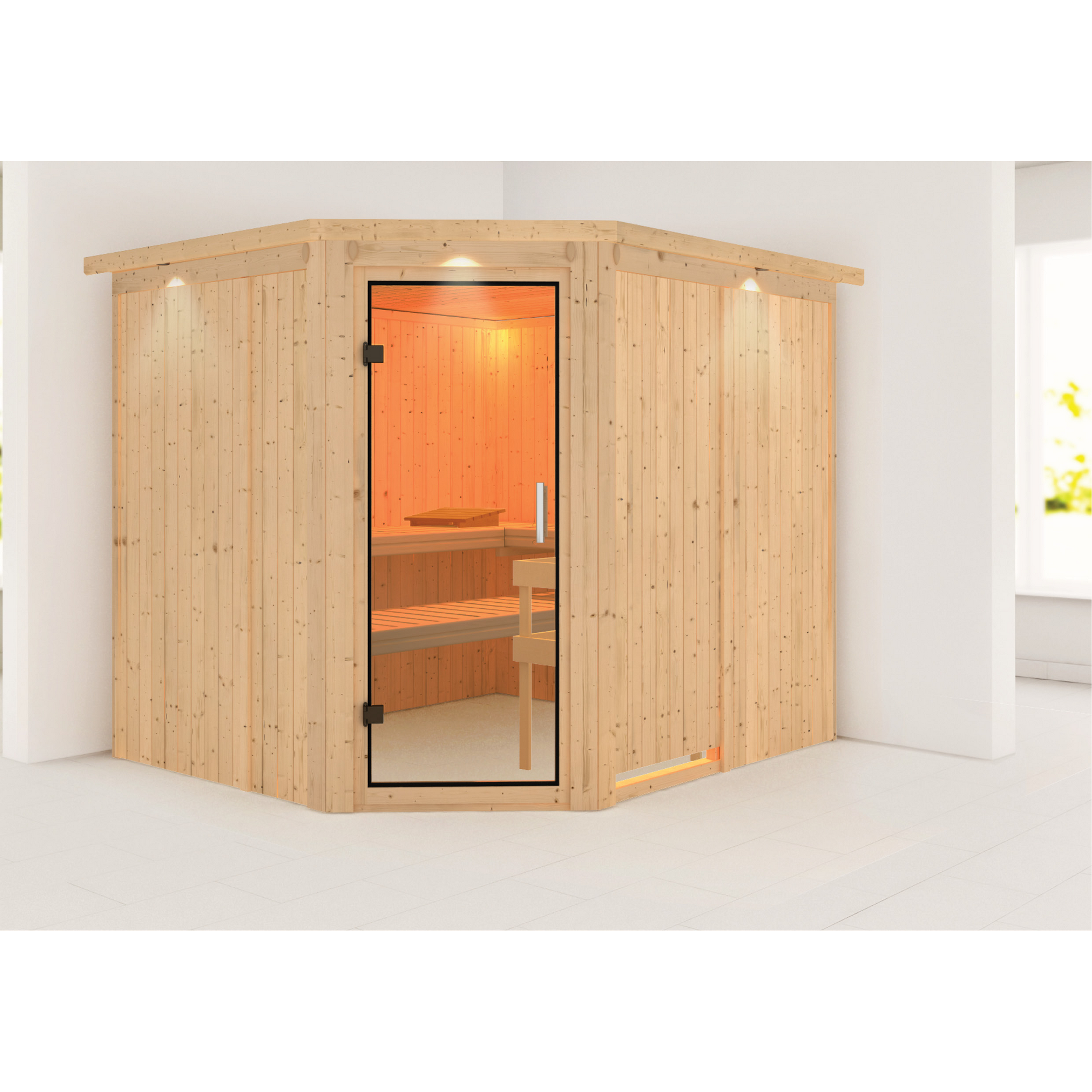 Ecksauna aus hellem Holz mit geöffneter Glastür