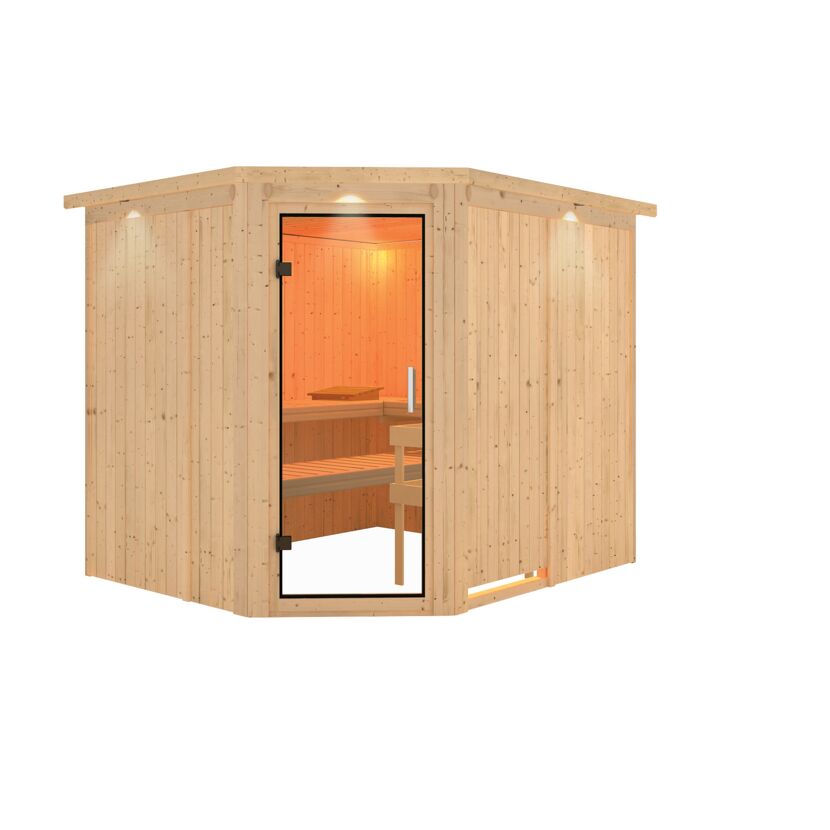 Ecksauna aus hellem Holz mit geöffneter Glastür