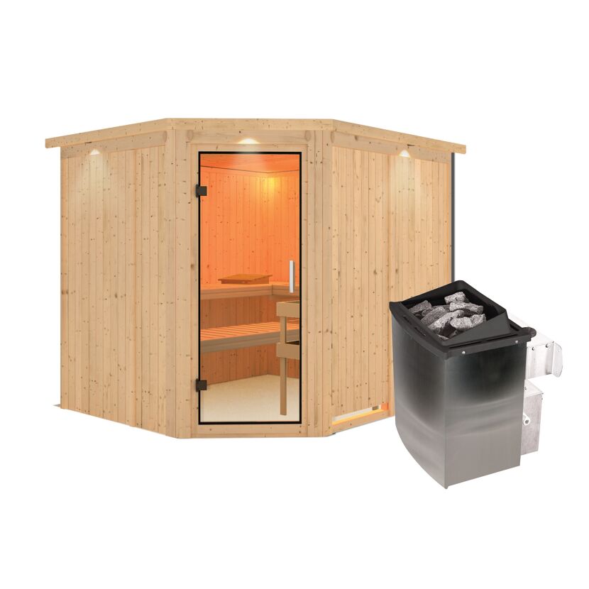 Elementsauna 'Alma' naturbelassen mit Kranz und Klarglastür 9 kW Ofen integrierte Steuerung 245 x 210 x 202 cm