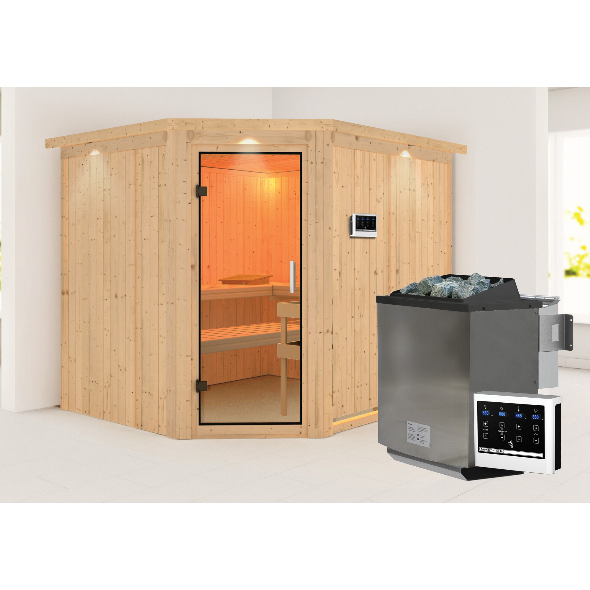 Eck-Sauna aus Holz mit Saunaofen