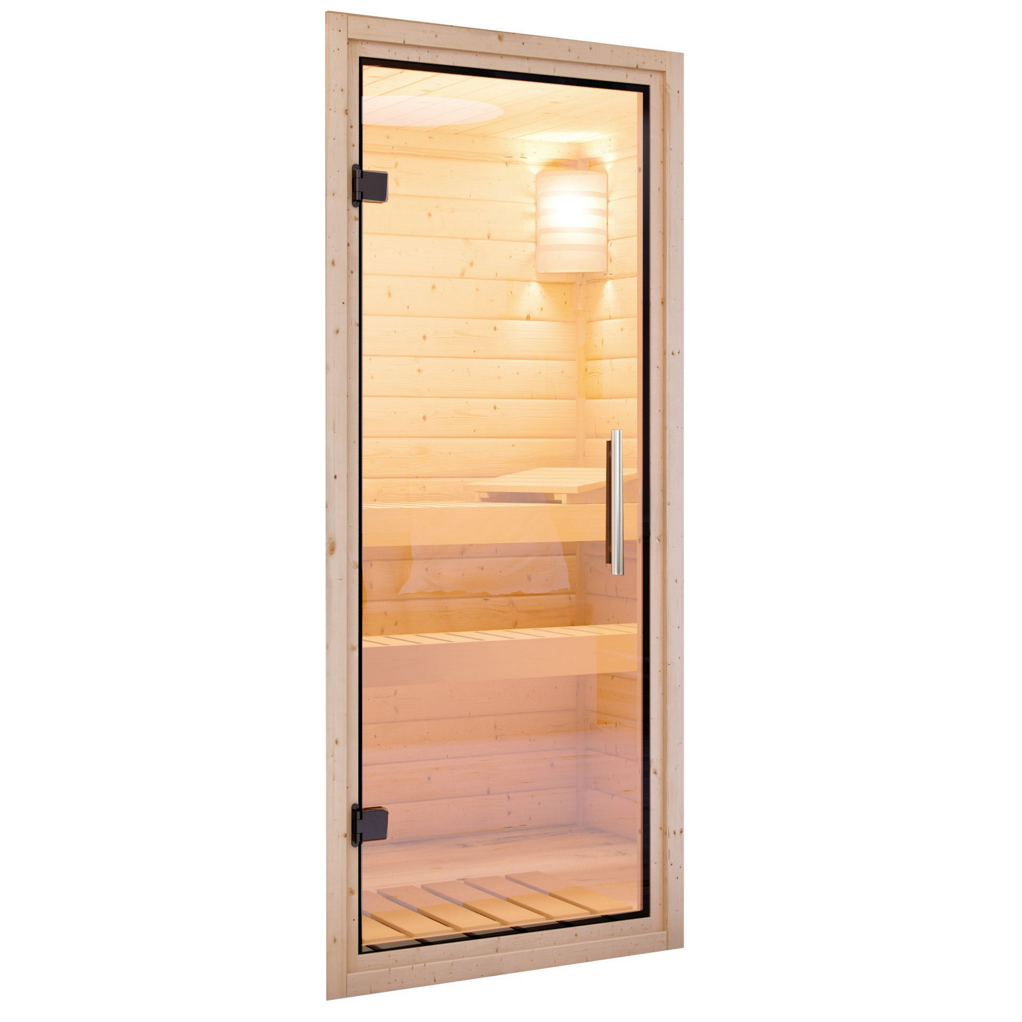 Beleuchtete Sauna aus hellem Holz mit Glastür.