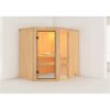 Eck-Sauna aus hellem Holz mit Glastür