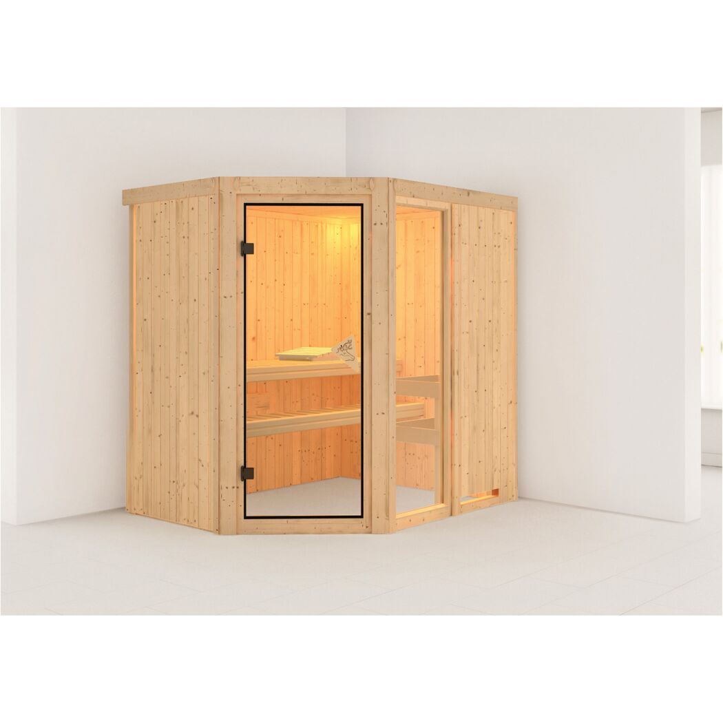 Eck-Sauna aus hellem Holz mit Glastür