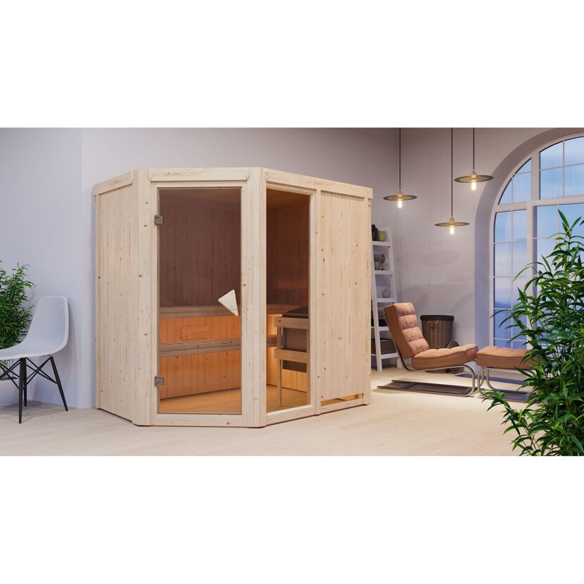 Elementsauna 'Almara 1' naturbelassen mit bronzierter Tür 9 kW Bio-Ofen Edelstahl externe Steuerung Easy 196 x 151 x 198 cm