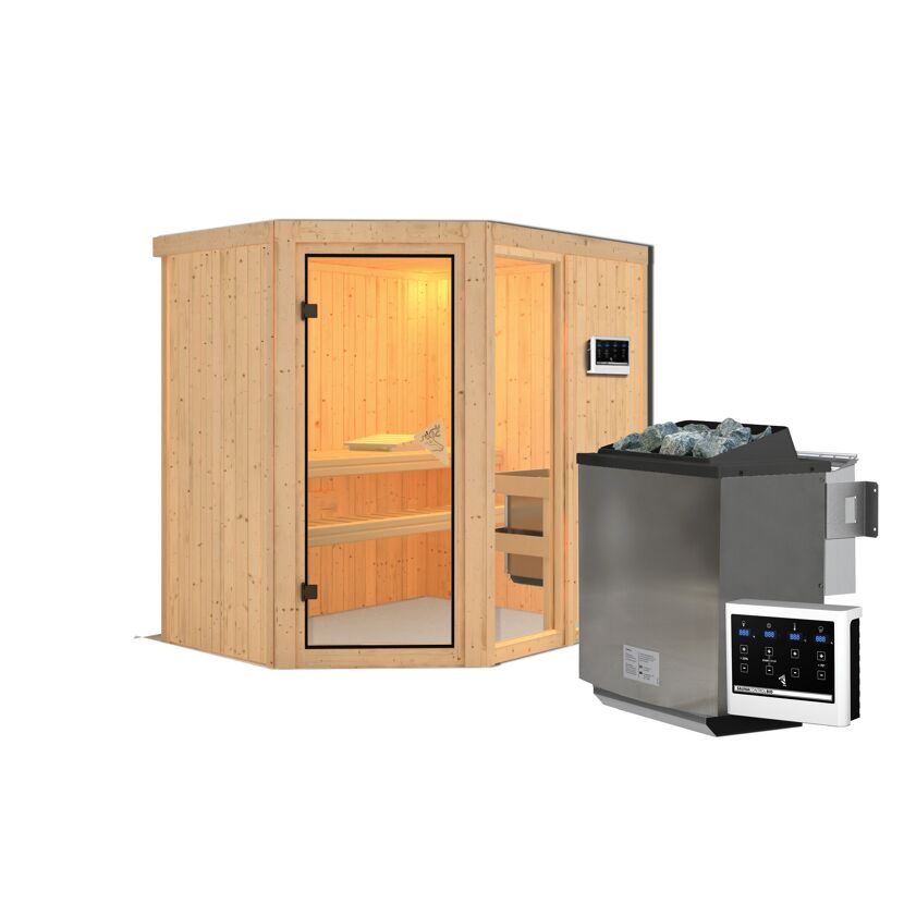 Elementsauna 'Almara 1' naturbelassen mit bronzierter Tür 9 kW Bio-Ofen Edelstahl externe Steuerung Easy 196 x 151 x 198 cm