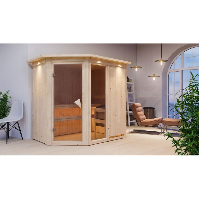 Eck-Sauna Almara 1 aus hellem Holz