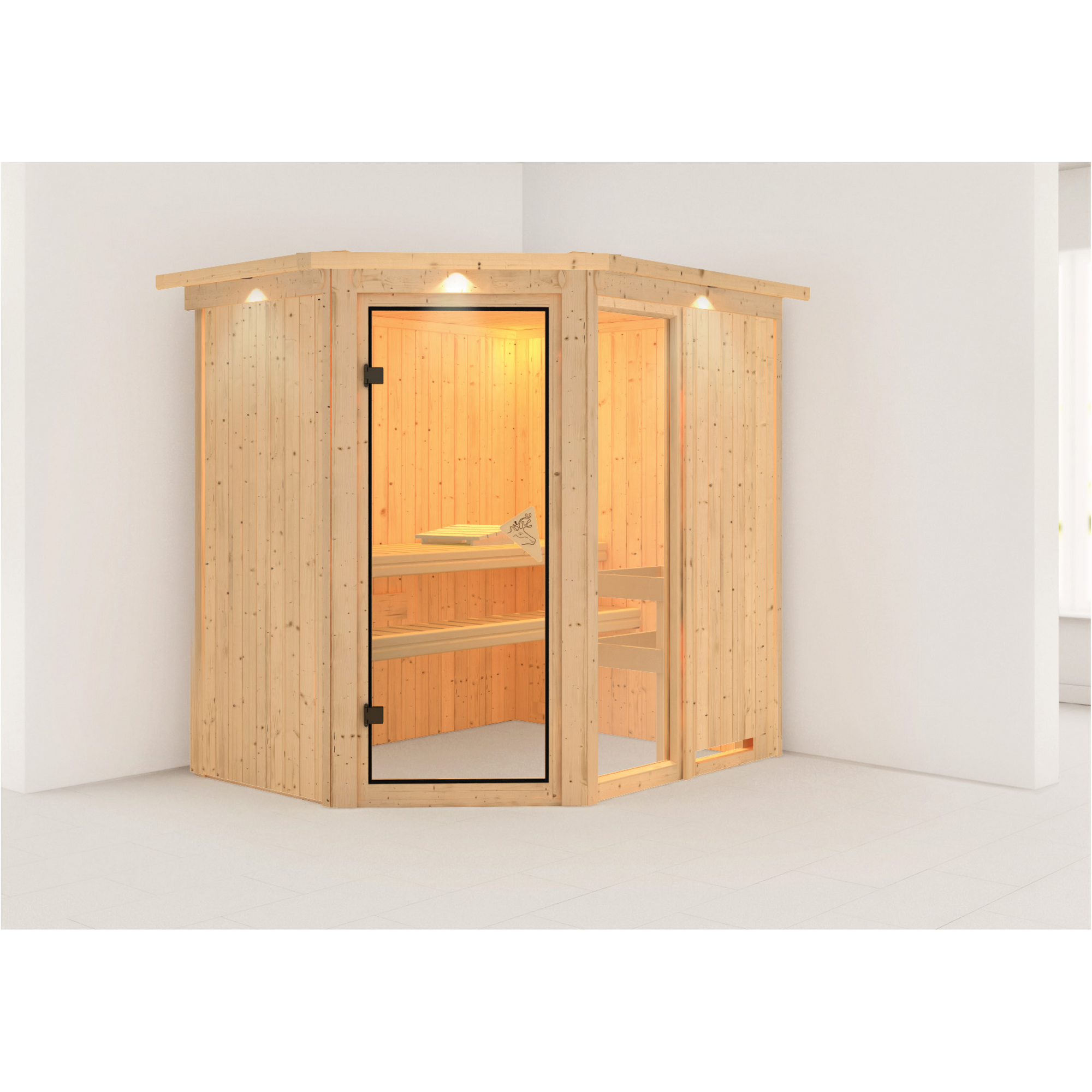 Elementsauna 'Almara 1' naturbelassen mit Kranz und bronzierter Tür 210 x 165 x 202 cm + product picture