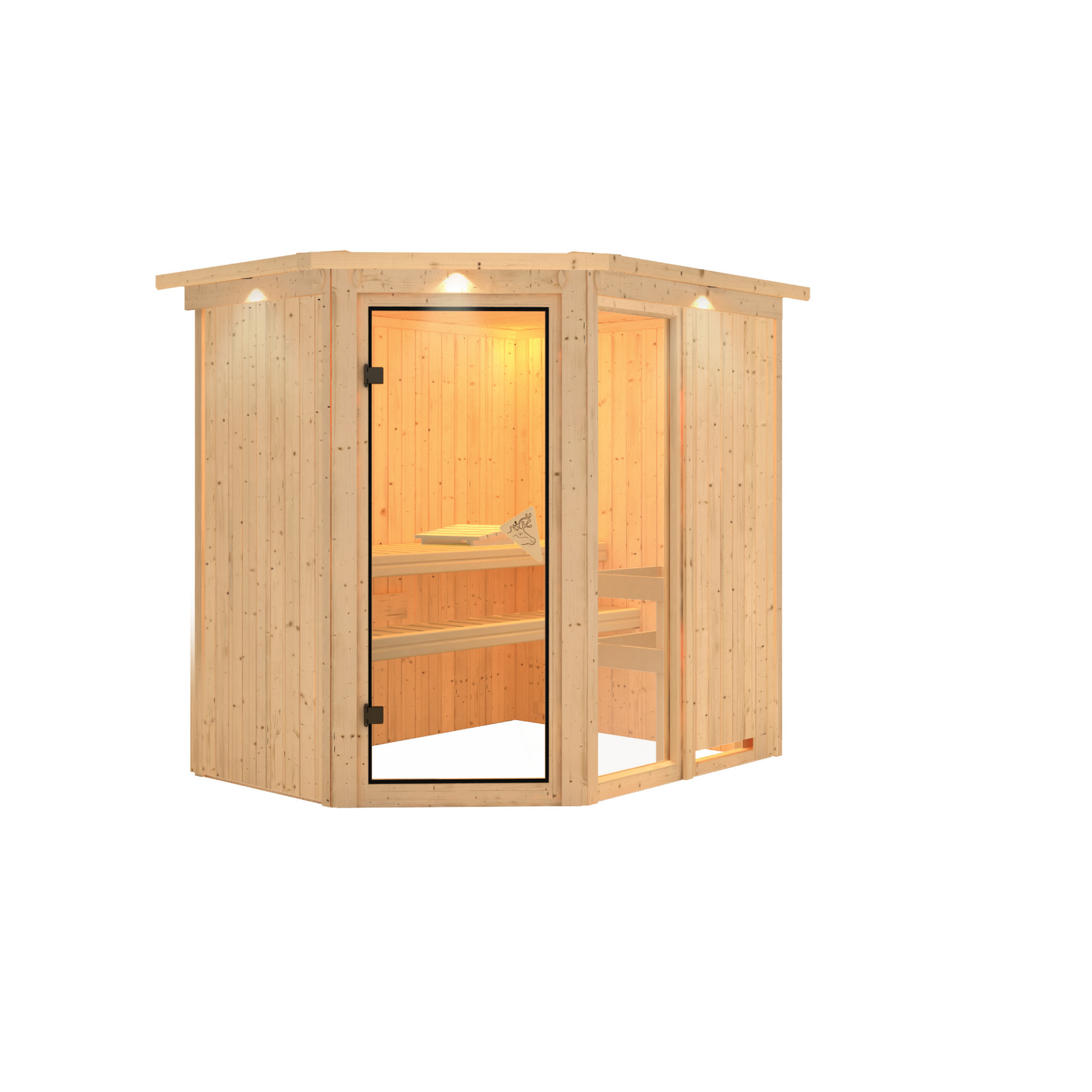 Elementsauna 'Almara 1' naturbelassen mit Kranz und bronzierter Tür 210 x 165 x 202 cm + product picture