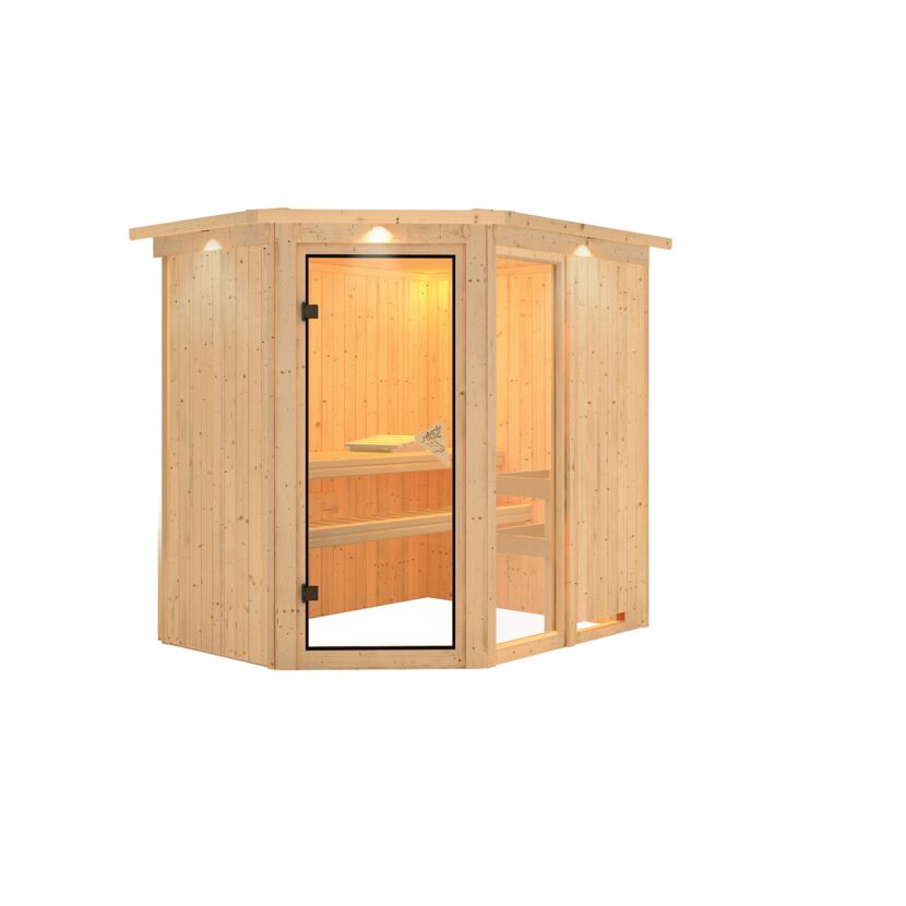 Eck-Sauna aus hellem Holz mit offener Glastür