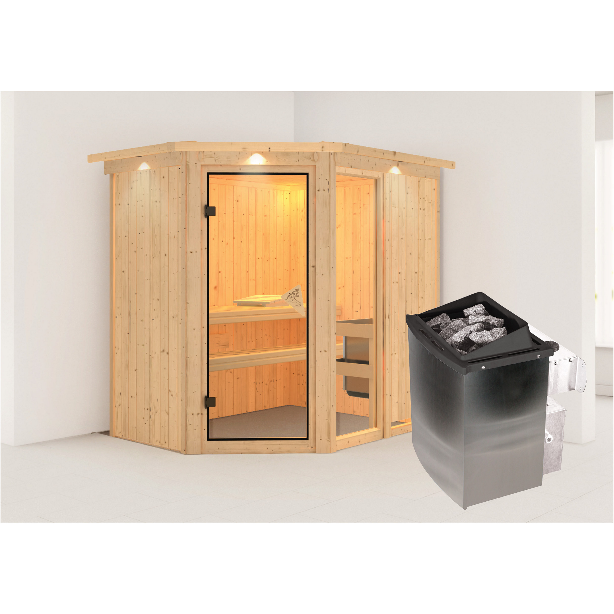 Elementsauna 'Almara 1' naturbelassen mit Kranz und bronzierter Tür 9 kW Ofen integrierte Steuerung 210 x 165 x 202 cm + product picture