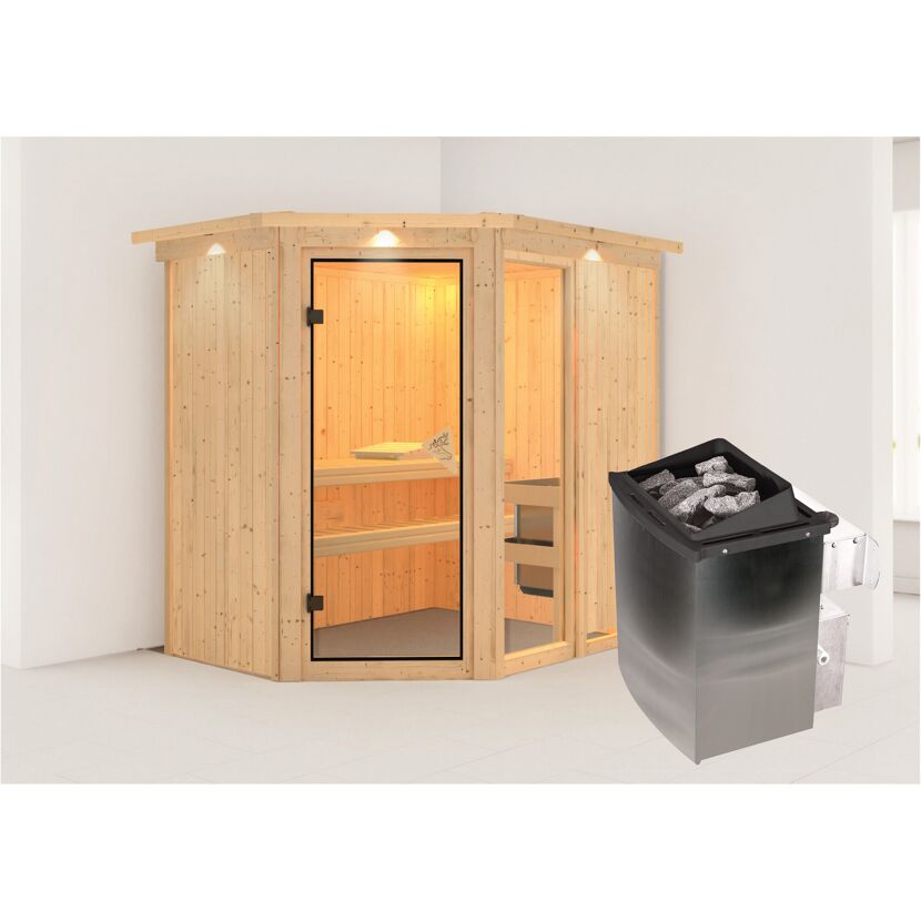 Eck-Sauna aus hellem Holz mit Saunaofen