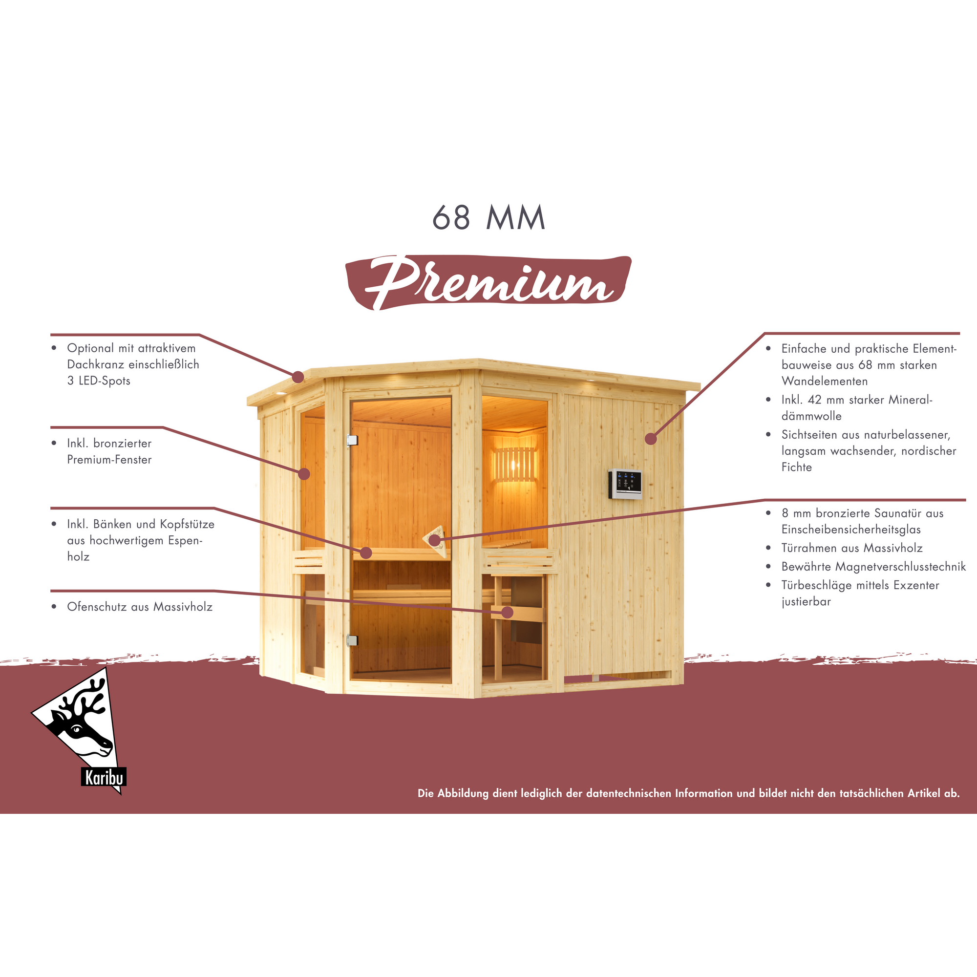 Elementsauna 'Almara 1' naturbelassen mit Kranz und bronzierter Tür 9 kW Ofen integrierte Steuerung 210 x 165 x 202 cm + product picture