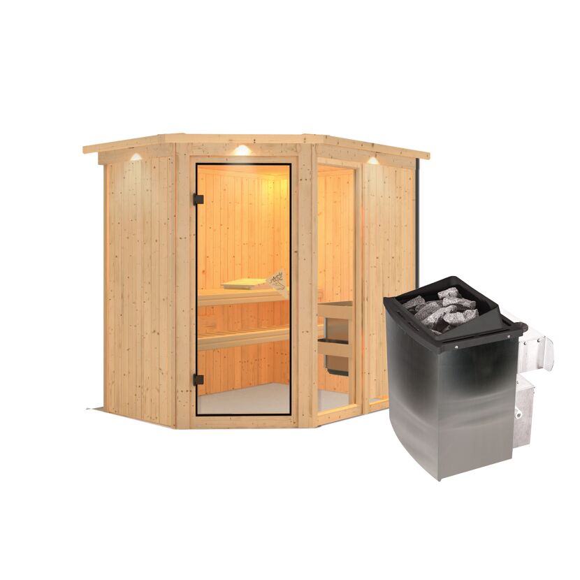 Ecksauna aus Holz mit Saunaofen