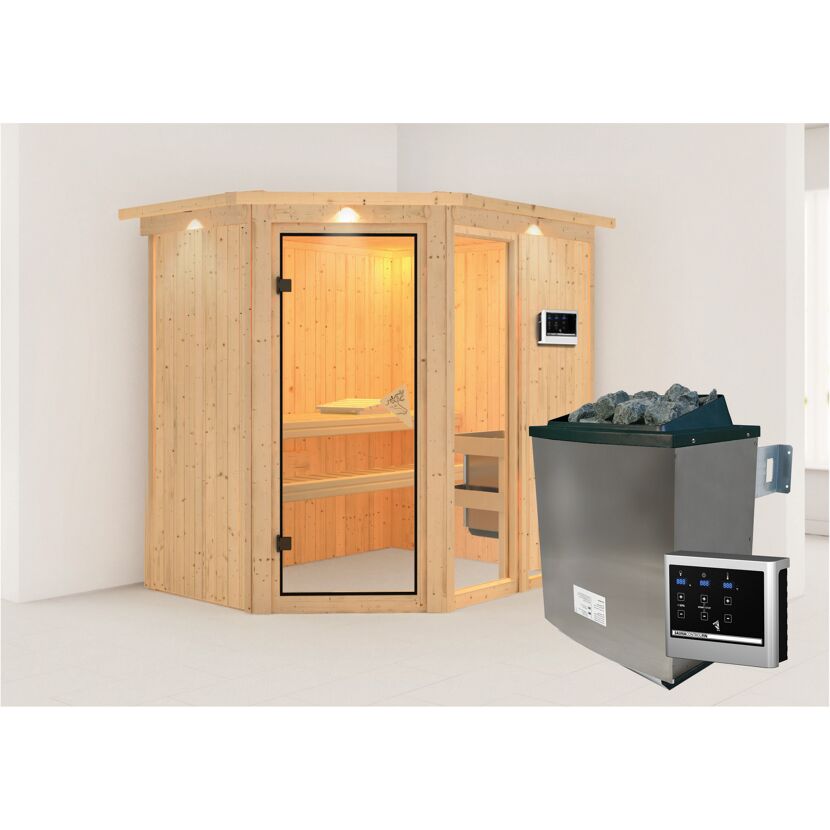 Elementsauna 'Almara 1' naturbelassen mit Kranz und bronzierter Tür 9 kW Ofen Edelstahl externe Steuerung Easy 210 x 165 x 202 cm