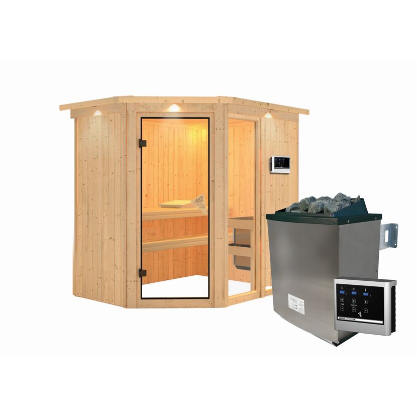 Elementsauna 'Almara 1' naturbelassen mit Kranz und bronzierter Tür 9 kW Ofen Edelstahl externe Steuerung Easy 210 x 165 x 202 cm