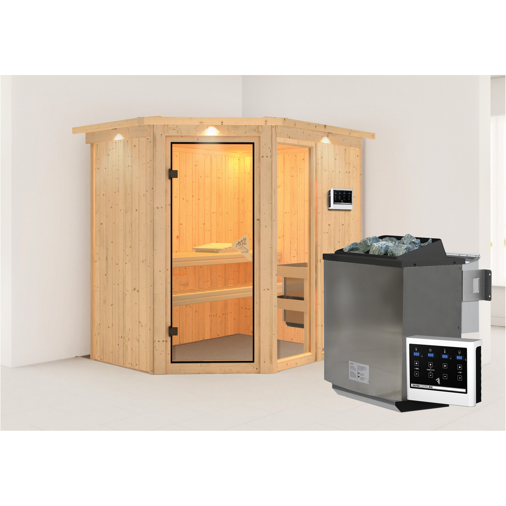 Ecksauna aus hellem Holz mit Saunaofen