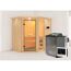 Ecksauna aus hellem Holz mit Saunaofen