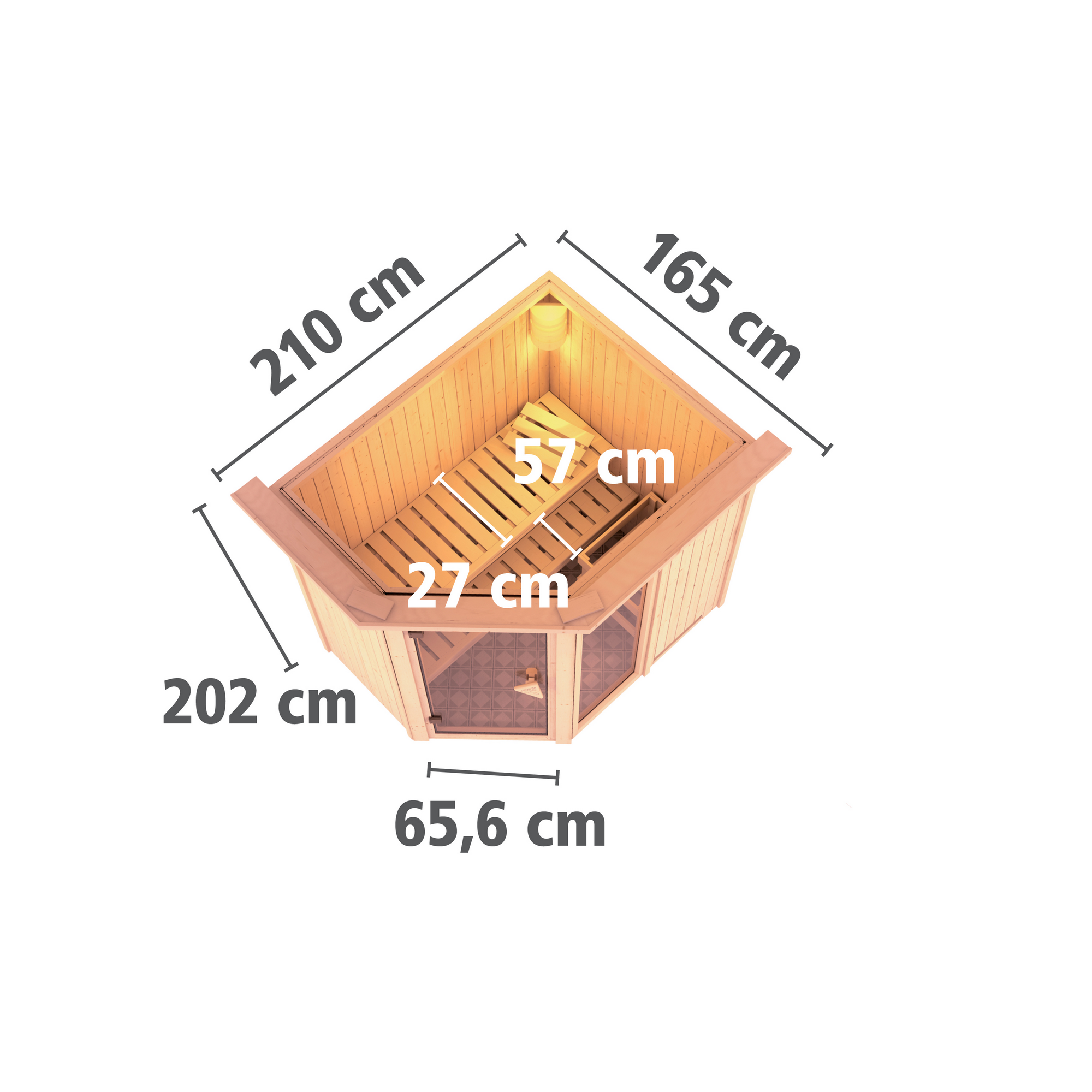 Eck-Sauna aus Holz mit Maßen