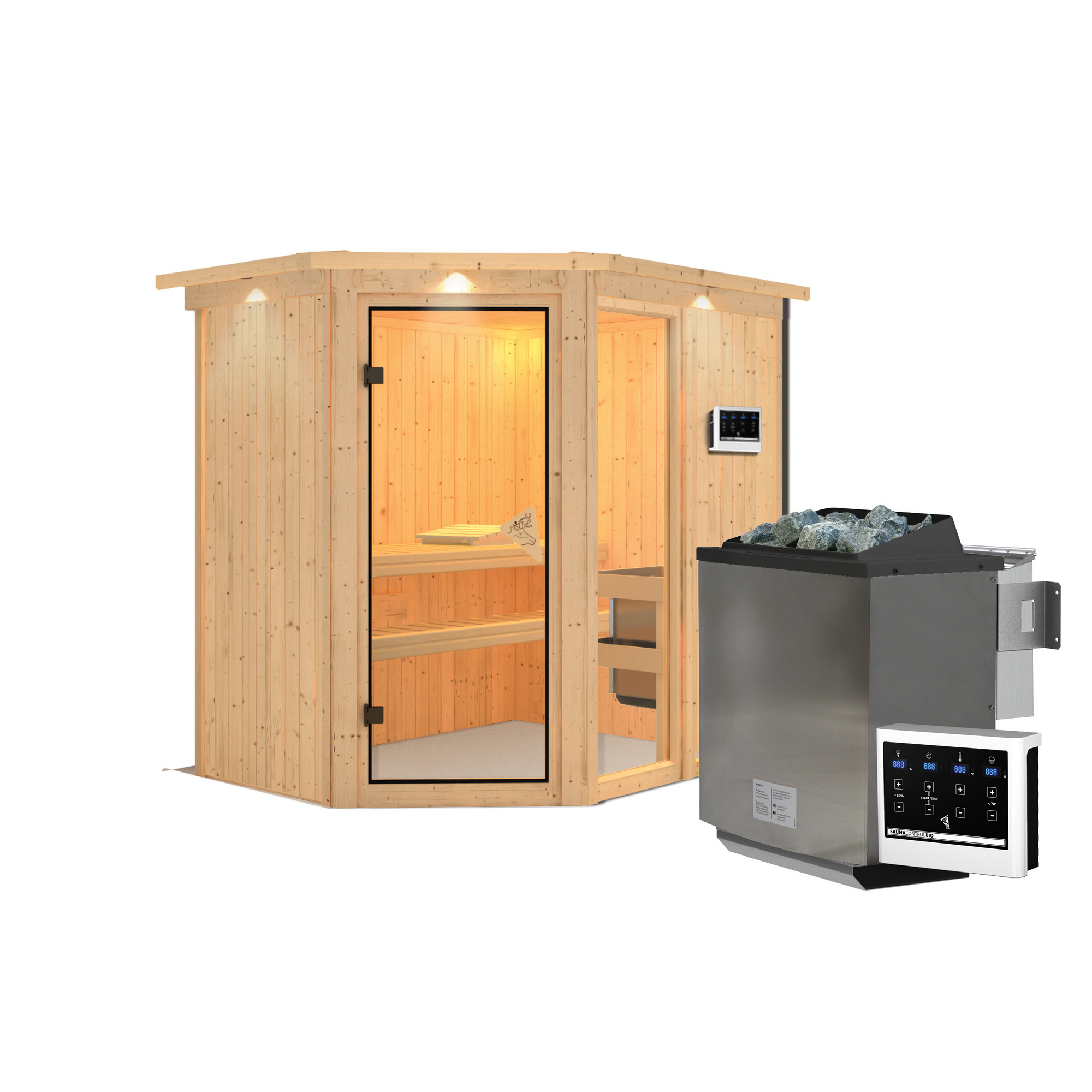 Eck-Sauna aus Holz mit Saunaofen