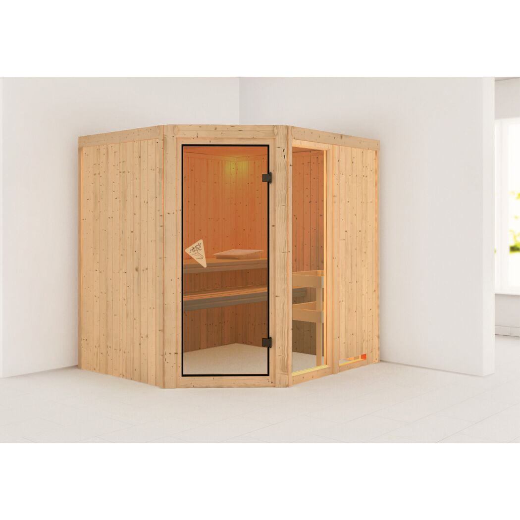 Eck-Sauna aus hellem Holz mit Glastür
