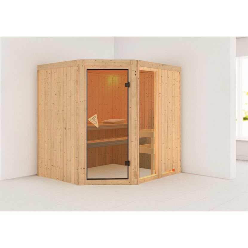 Eck-Sauna aus hellem Holz mit Glastür