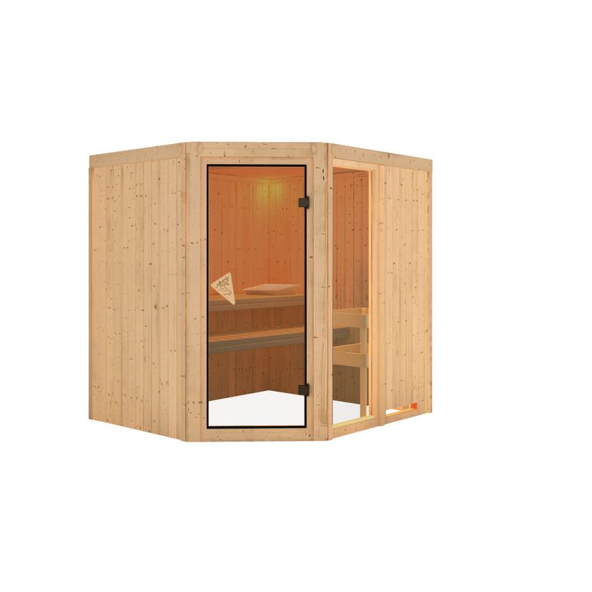 Eck-Sauna aus hellem Holz mit offener Glastür.