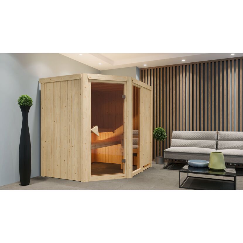 Elementsauna 'Almara 2' naturbelassen mit bronzierter Tür 9 kW Ofen Edelstahl integrierte Steuerung 196 x 170 x 198 cm