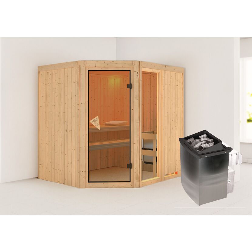 Elementsauna 'Almara 2' naturbelassen mit bronzierter Tür 9 kW Ofen Edelstahl integrierte Steuerung 196 x 170 x 198 cm