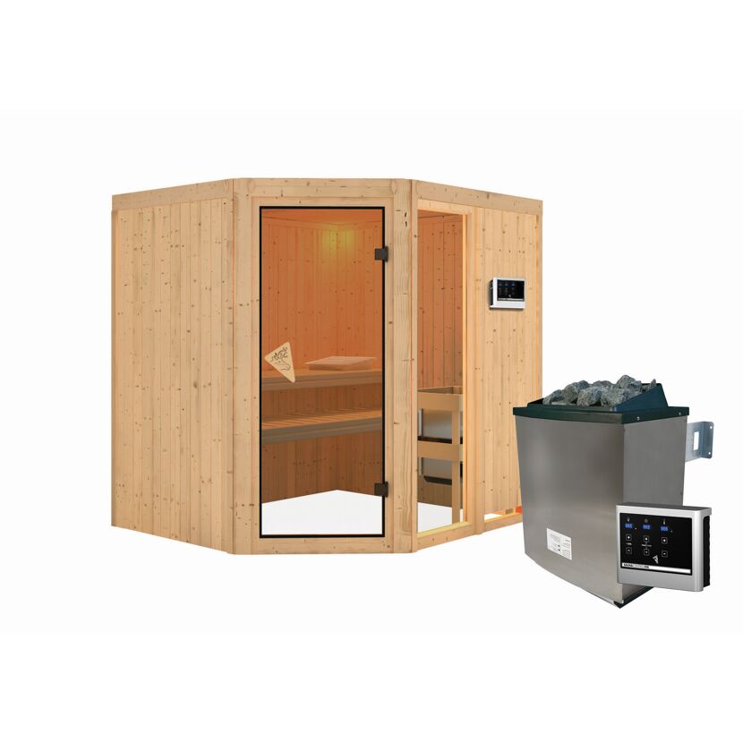 Elementsauna 'Almara 2' naturbelassen mit bronzierter Tür 9 kW Ofen Edelstahl externe Steuerung Easy 196 x 170 x 198 cm
