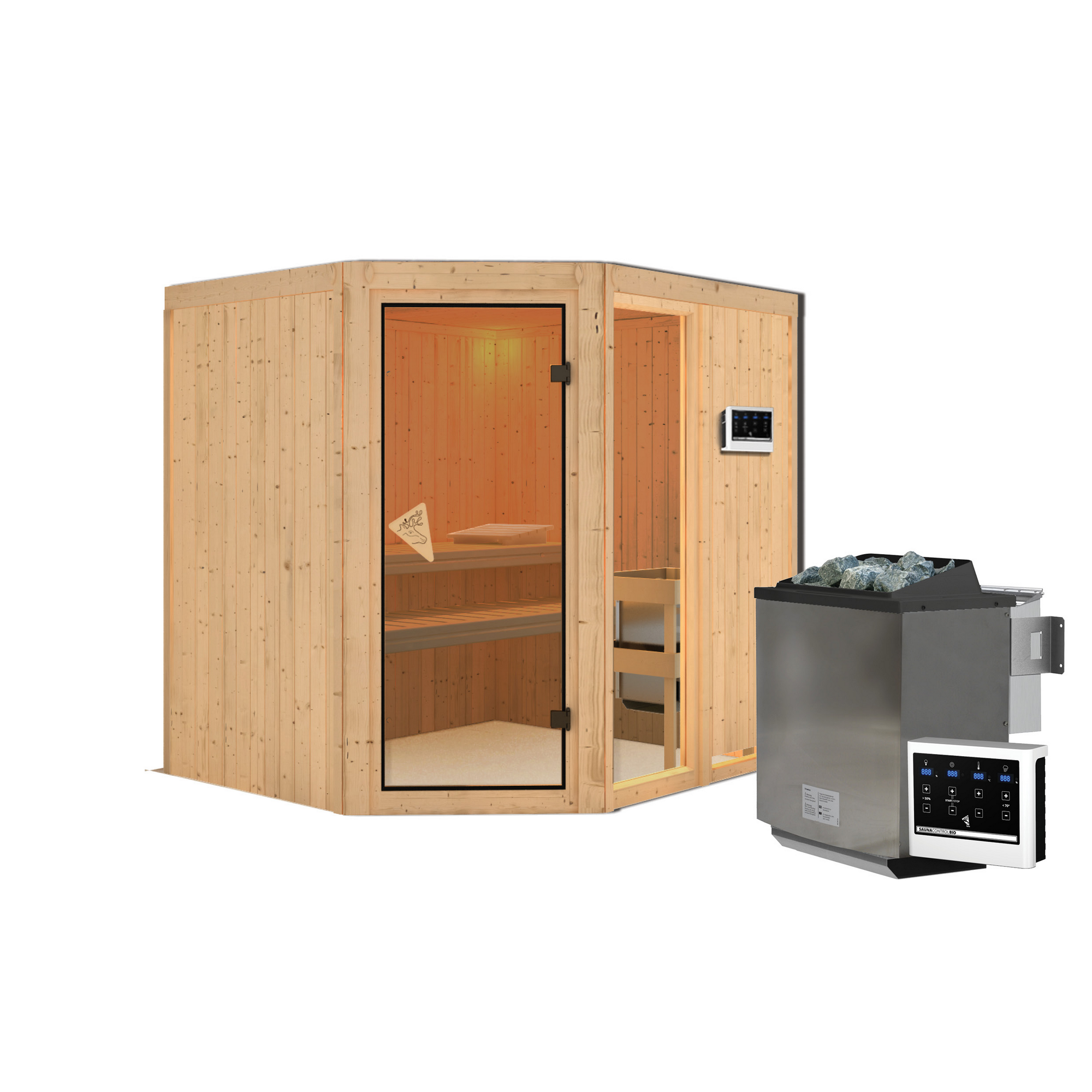 Elementsauna 'Almara 2' naturbelassen mit bronzierter Tür 9 kW Bio-Ofen Edelstahl externe Steuerung Easy 196 x 170 x 198 cm