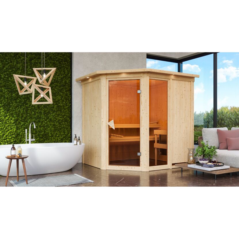 Eck-Sauna aus hellem Holz in einem Badezimmer