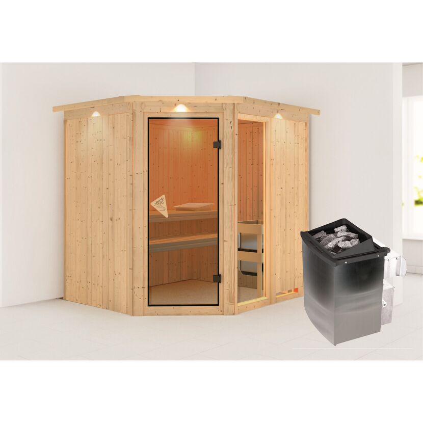 Eck-Sauna aus hellem Holz mit Saunaofen