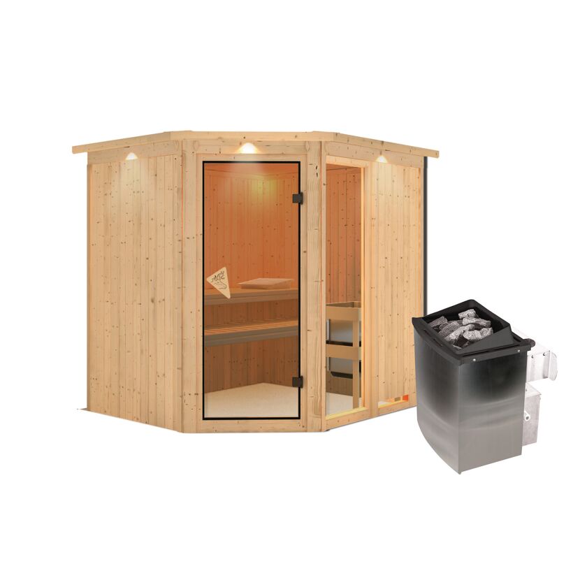 Eck-Sauna aus Holz mit Saunaofen