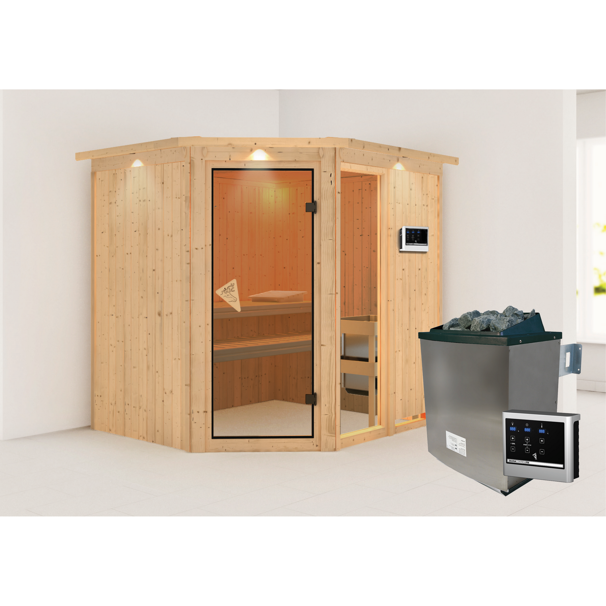 Elementsauna 'Almara 2' naturbelassen mit Kranz und bronzierter Tür 9 kW Ofen Edelstahl externe Steuerung Easy 210 x 184 x 202 cm
